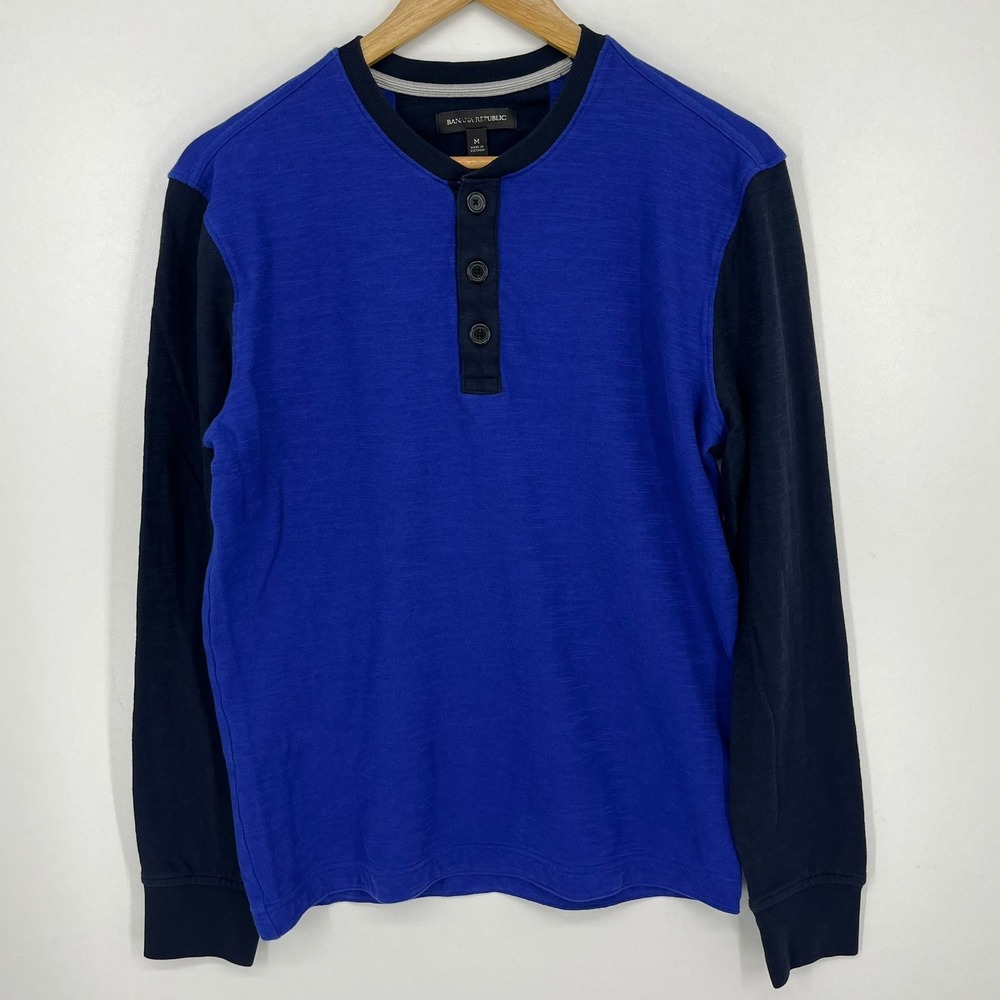 Banana Republic Mens Henley Shirt Colorblock Blue Navy Long Sleeve Cotton Size M